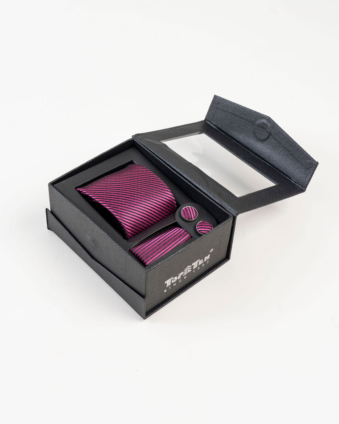 Pink and navy diagonal striped tie set with matching pocket square and cufflinks