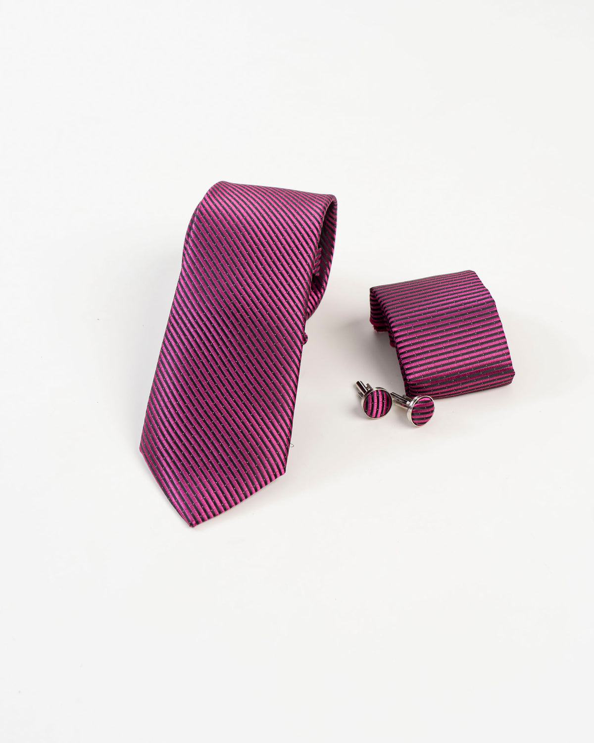 Pink and navy striped tie with matching pocket square cufflinks and gift box