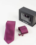 Pink and navy diagonal striped tie set with matching pocket square and cufflinks