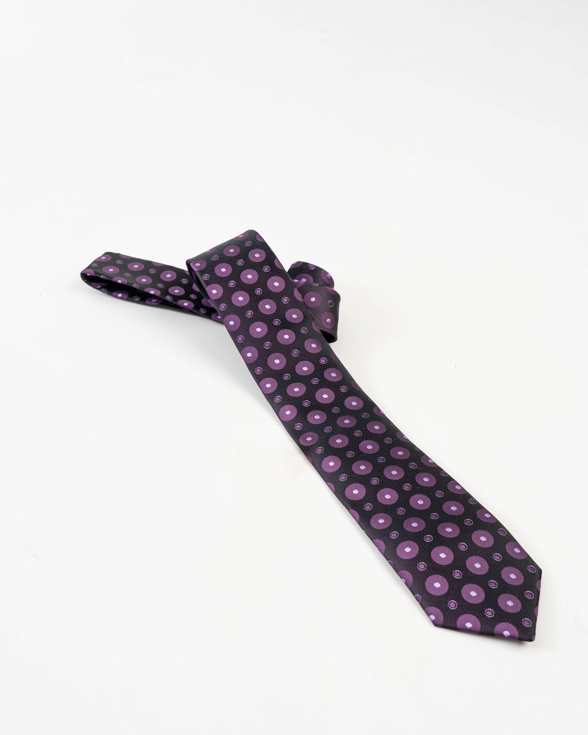 Black and purple circular patterned tie set with matching pocket square cufflinks and gift box