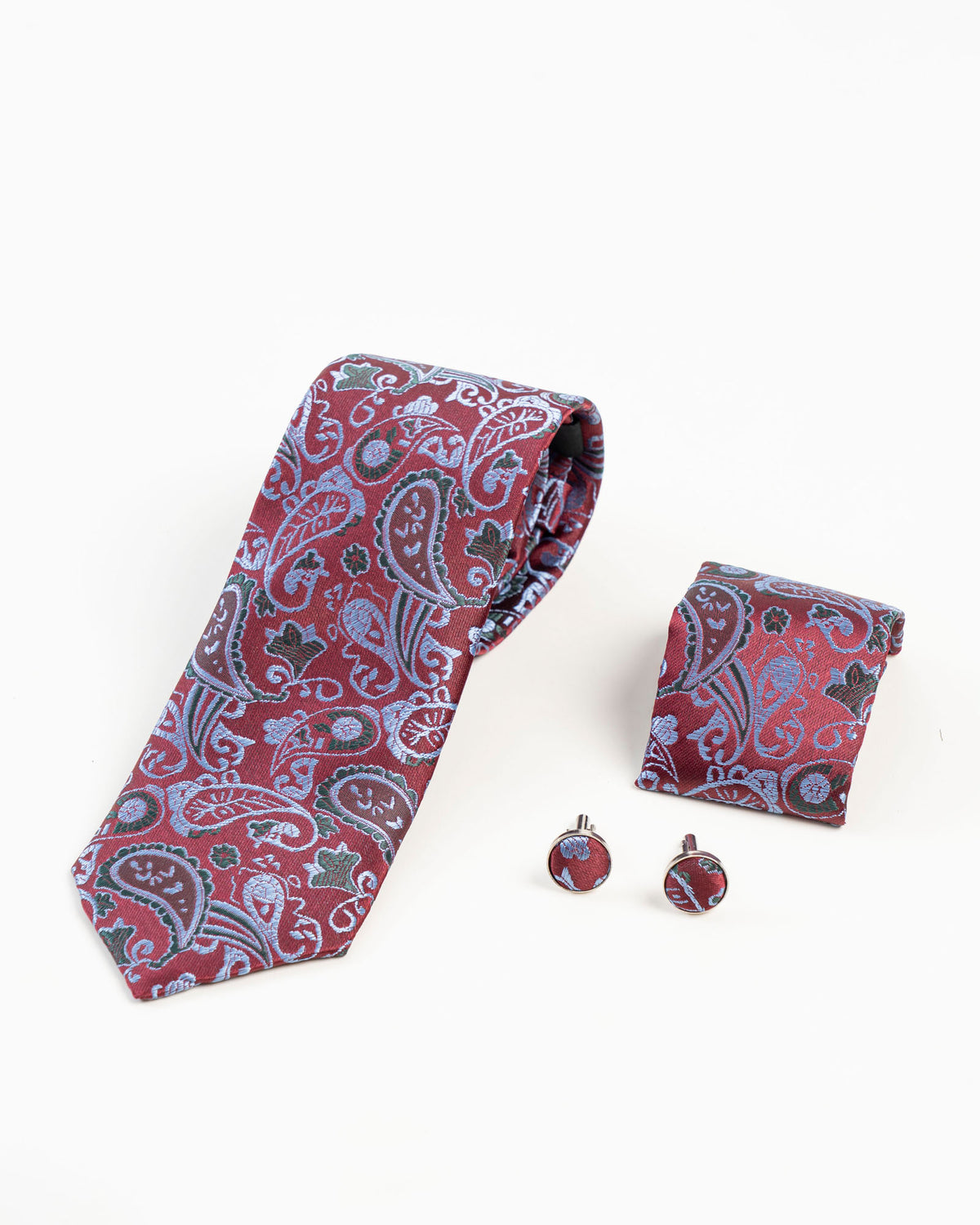 Reverse detail of maroon paisley patterned tie