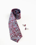 Full view of maroon paisley patterned tie