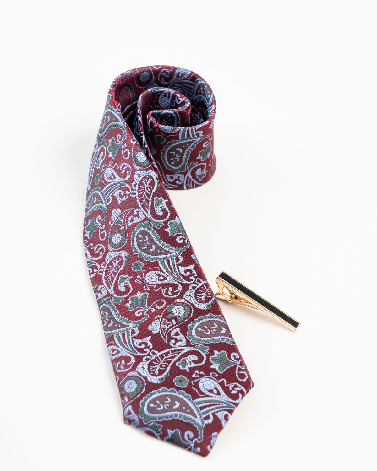 Black enamel-style gold-tone tie clip shown with a burgundy paisley tie