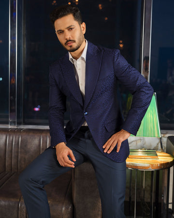 Navy Blue Premium Textured Suiting Fabric
